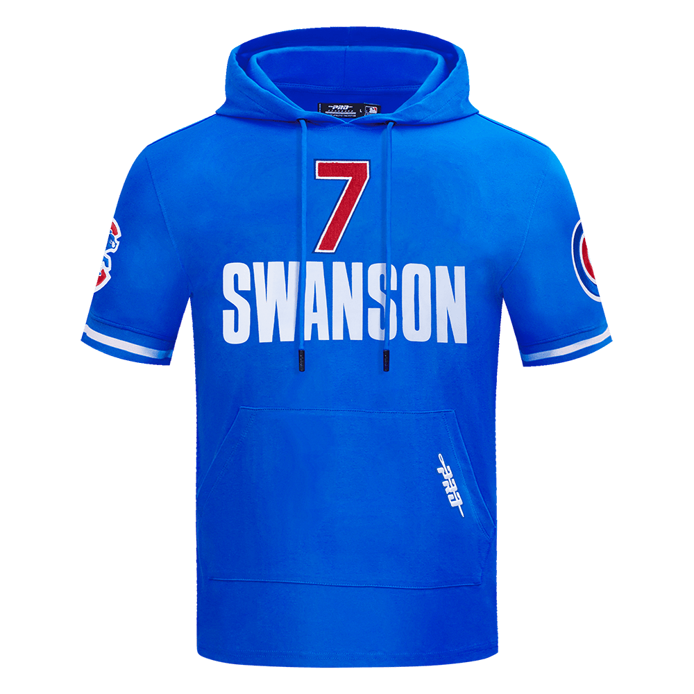 MLB CHICAGO CUBS DANSBY SWANSON #7 CLASSIC MEN'S SHORT SLEEVE PULLOVER HOODIE (ROYAL BLUE)