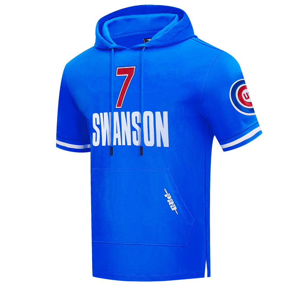 MLB CHICAGO CUBS DANSBY SWANSON #7 CLASSIC MEN'S SHORT SLEEVE PULLOVER HOODIE (ROYAL BLUE)