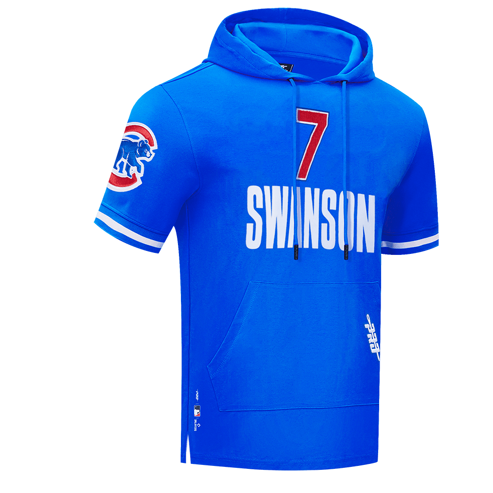 MLB CHICAGO CUBS DANSBY SWANSON #7 CLASSIC MEN'S SHORT SLEEVE PULLOVER HOODIE (ROYAL BLUE)