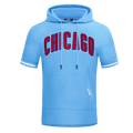 MLB CHICAGO CUBS SUDADERA CON CAPUCHA DE PUNTO DOBLE DE MANGA CORTA PARA HOMBRE CON CHENILLA CLÁSICA (AZUL UNIVERSITARIO)