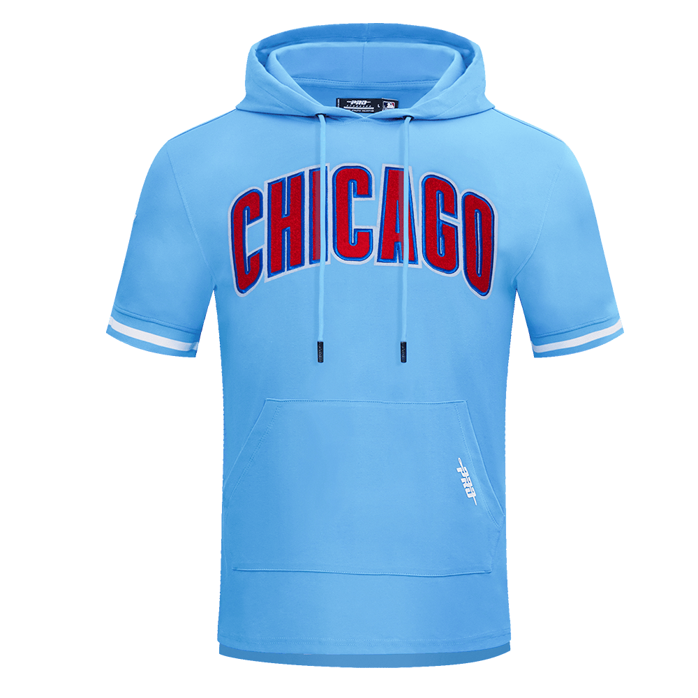 MLB CHICAGO CUBS CLASSIC CHENILLE MEN'S DOUBLE KNIT SHORT SLEEVE PULLOVER HOODIE (UNIVERSITY BLUE)