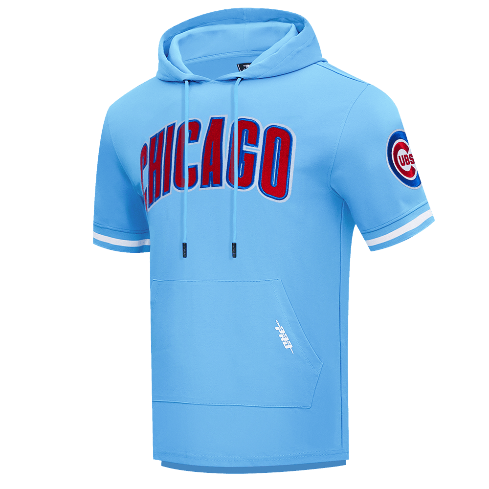 MLB CHICAGO CUBS CLASSIC CHENILLE MEN'S DOUBLE KNIT SHORT SLEEVE PULLOVER HOODIE (UNIVERSITY BLUE)