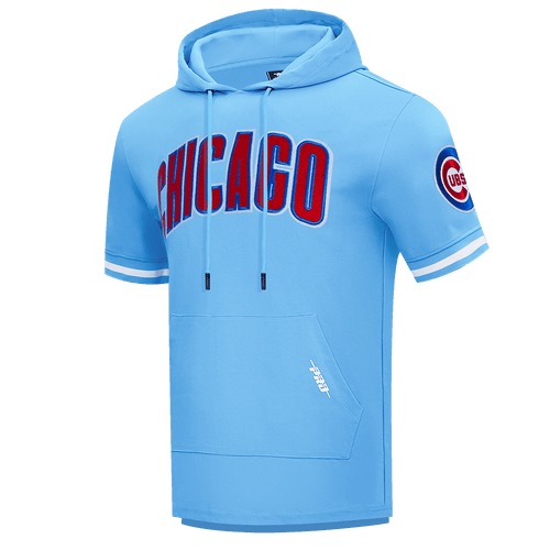 MLB CHICAGO CUBS CLASSIC CHENILLE MEN'S DOUBLE KNIT SHORT SLEEVE PULLOVER HOODIE (UNIVERSITY BLUE)
