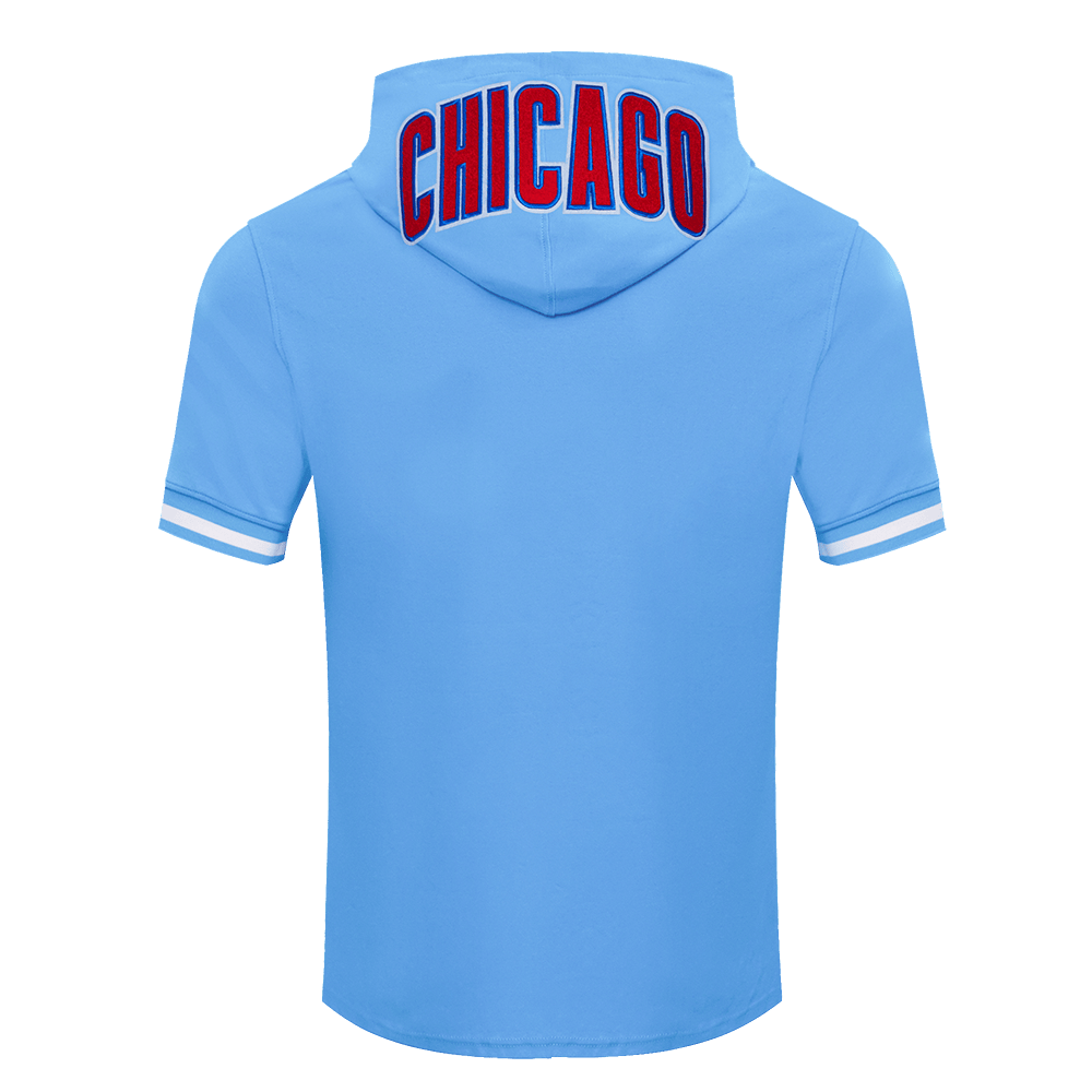 MLB CHICAGO CUBS CLASSIC CHENILLE MEN'S DOUBLE KNIT SHORT SLEEVE PULLOVER HOODIE (UNIVERSITY BLUE)