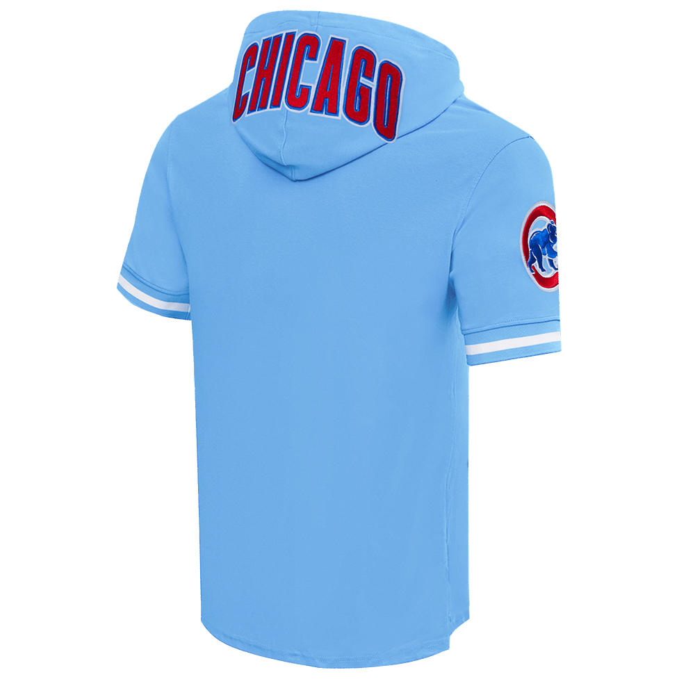 MLB CHICAGO CUBS SUDADERA CON CAPUCHA DE PUNTO DOBLE DE MANGA CORTA PARA HOMBRE CON CHENILLA CLÁSICA (AZUL UNIVERSITARIO)