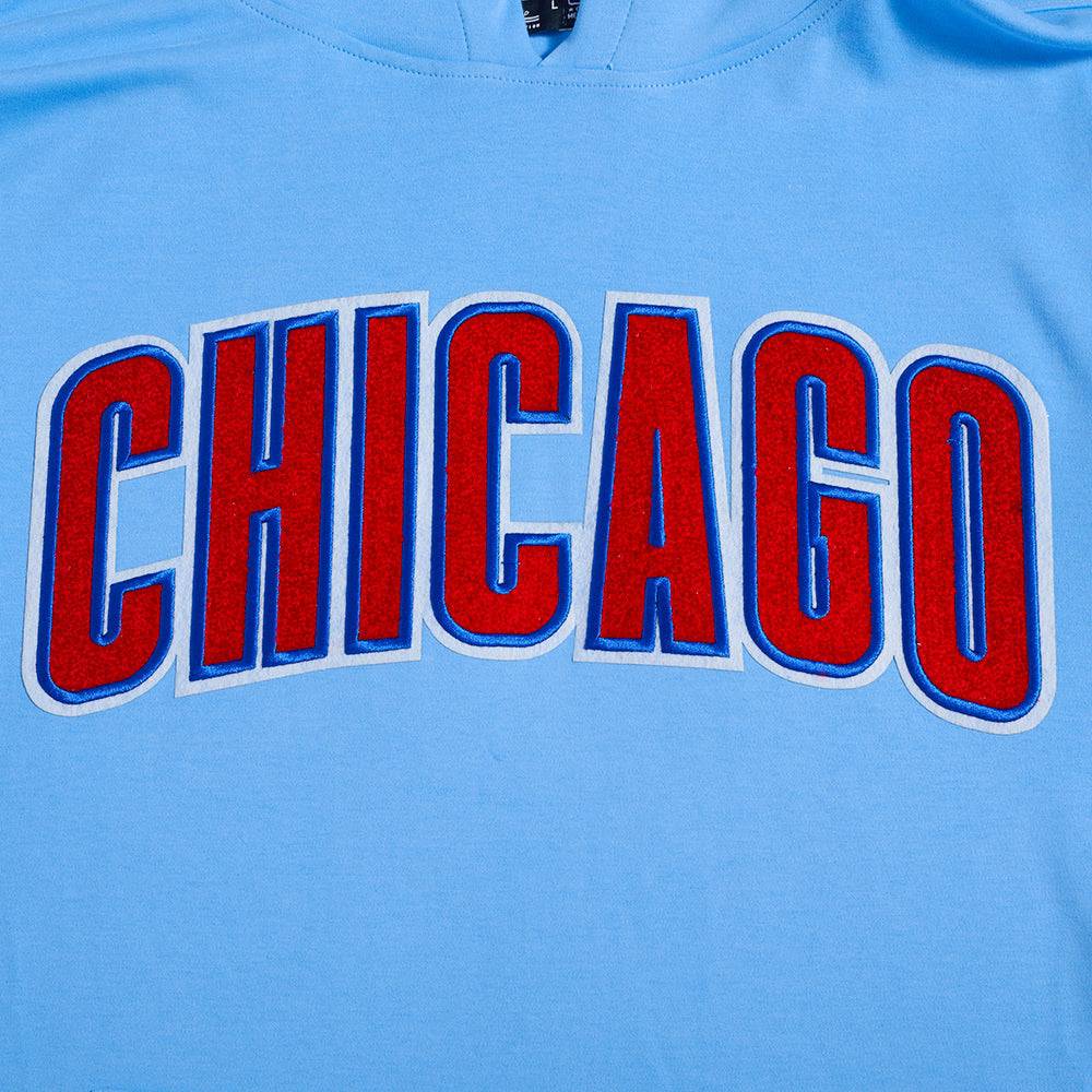 MLB CHICAGO CUBS SUDADERA CON CAPUCHA DE PUNTO DOBLE DE MANGA CORTA PARA HOMBRE CON CHENILLA CLÁSICA (AZUL UNIVERSITARIO)