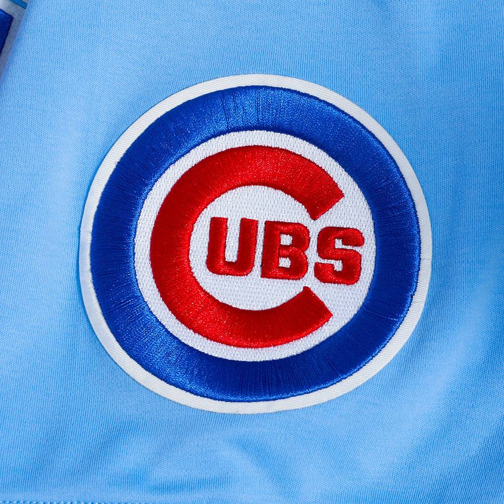 MLB CHICAGO CUBS SUDADERA CON CAPUCHA DE PUNTO DOBLE DE MANGA CORTA PARA HOMBRE CON CHENILLA CLÁSICA (AZUL UNIVERSITARIO)