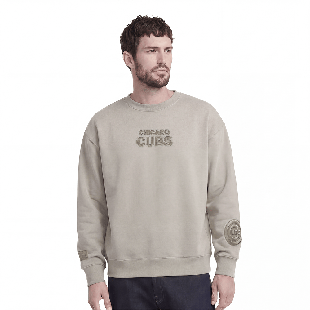 MLB CHICAGO CUBS WINGSPAN MEN'S DROP SHOULDER FLEECE CREWNECK (TAUPE)