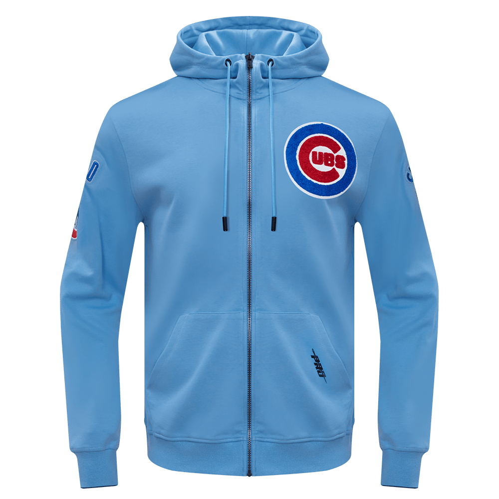 MLB CHICAGO CUBS SUDADERA CON CAPUCHA PARA HOMBRE CON CREMALLERA COMPLETA DE CHENILLA CLÁSICA (AZUL UNIVERSITARIO)