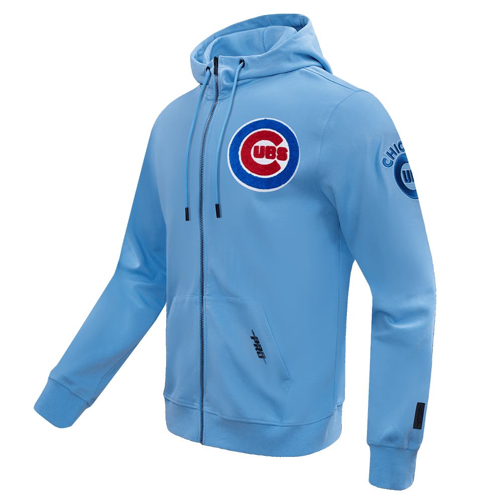 MLB CHICAGO CUBS SUDADERA CON CAPUCHA PARA HOMBRE CON CREMALLERA COMPLETA DE CHENILLA CLÁSICA (AZUL UNIVERSITARIO)