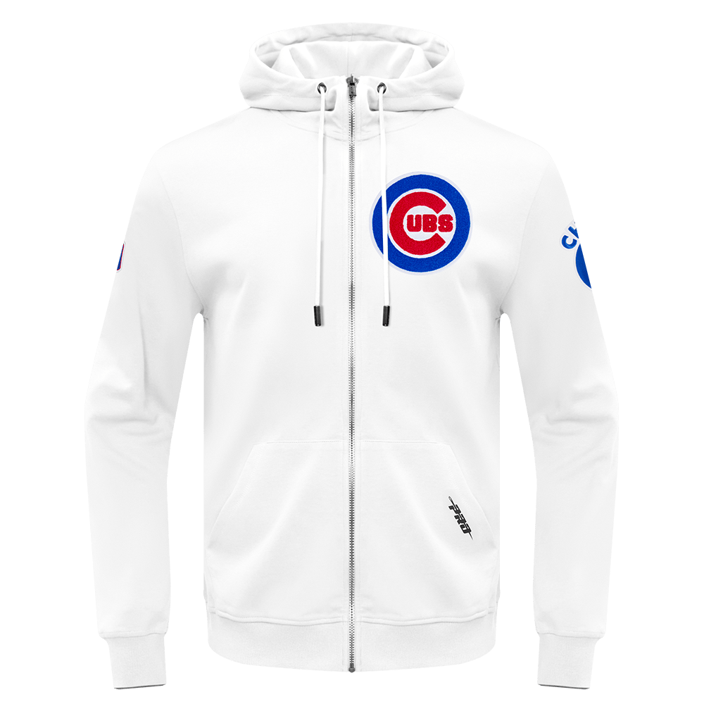MLB CHICAGO CUBS SUDADERA CON CAPUCHA PARA HOMBRE CON CREMALLERA COMPLETA DE CHENILLA CLÁSICA (BLANCA)