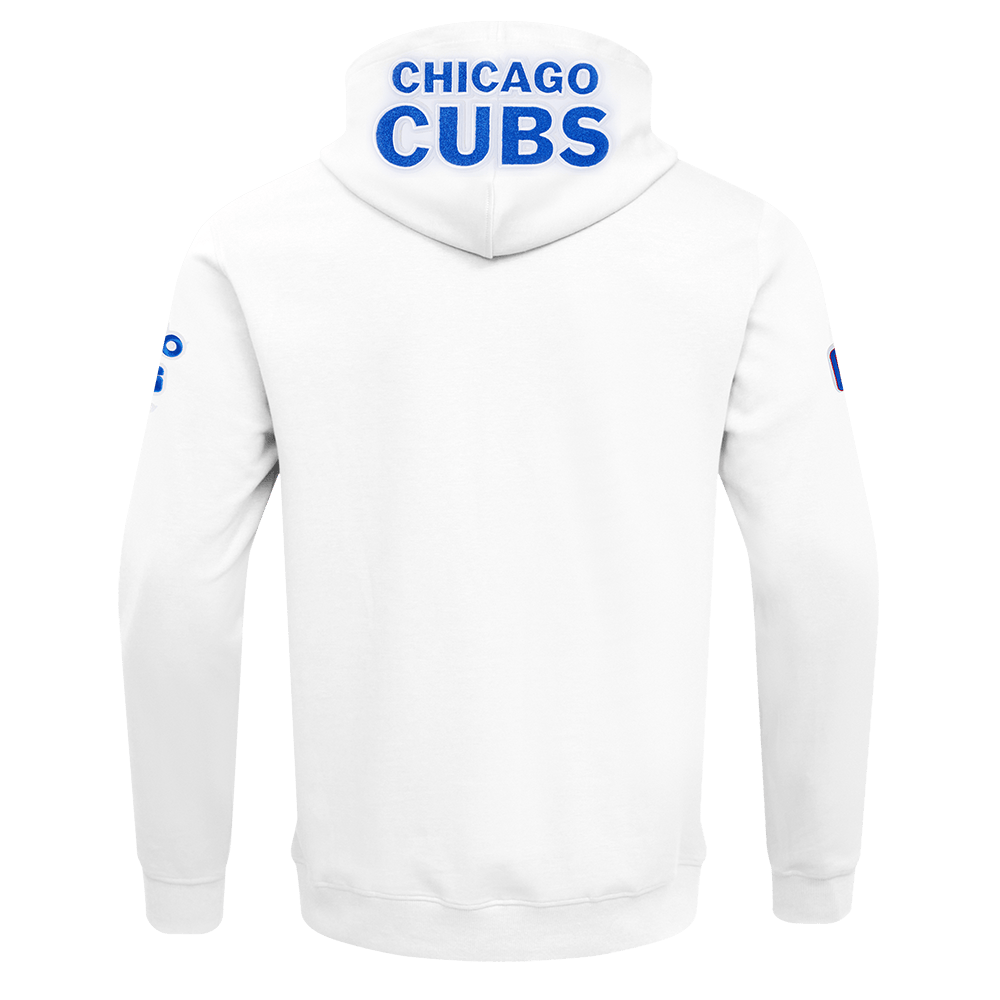 MLB CHICAGO CUBS SUDADERA CON CAPUCHA PARA HOMBRE CON CREMALLERA COMPLETA DE CHENILLA CLÁSICA (BLANCA)