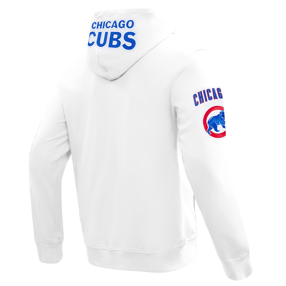 MLB CHICAGO CUBS SUDADERA CON CAPUCHA PARA HOMBRE CON CREMALLERA COMPLETA DE CHENILLA CLÁSICA (BLANCA)