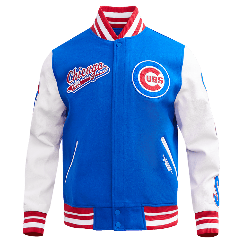 CORTAVIENTOS DE LANA MLB CHICAGO CUBS SCRIPT TAIL PARA HOMBRE (AZUL REAL/ROJO)