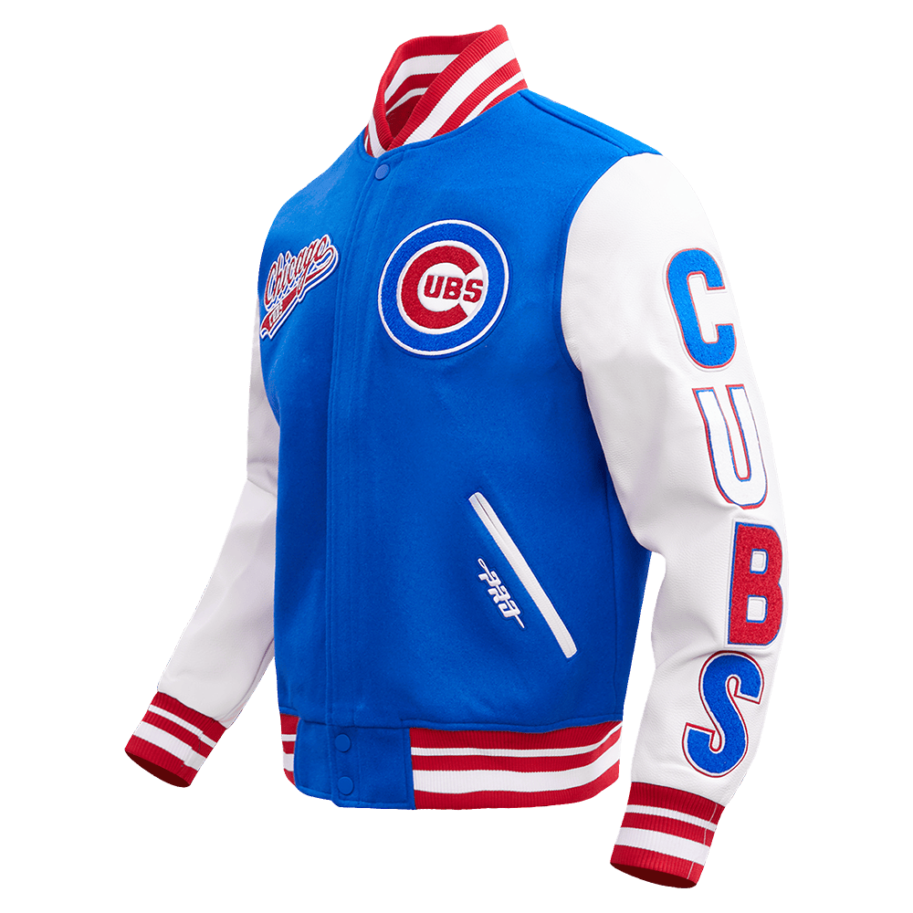 CORTAVIENTOS DE LANA MLB CHICAGO CUBS SCRIPT TAIL PARA HOMBRE (AZUL REAL/ROJO)