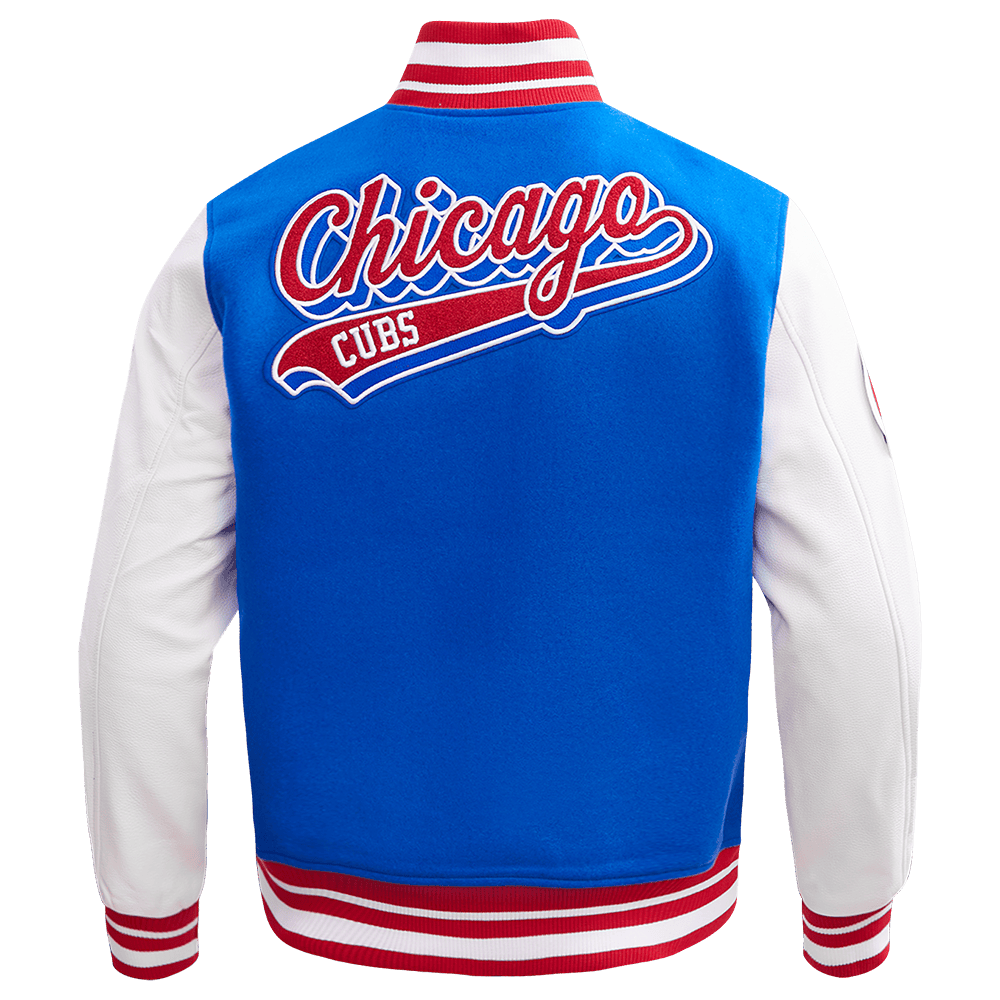 CORTAVIENTOS DE LANA MLB CHICAGO CUBS SCRIPT TAIL PARA HOMBRE (AZUL REAL/ROJO)