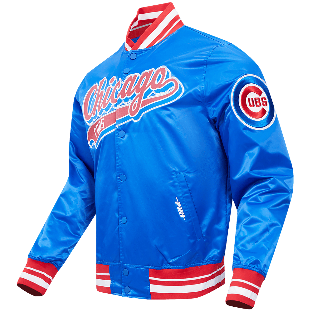 MLB CHICAGO CUBS SCRIPT TAIL MEN'S SATIN JACKET (ROYAL BLUE/RED)