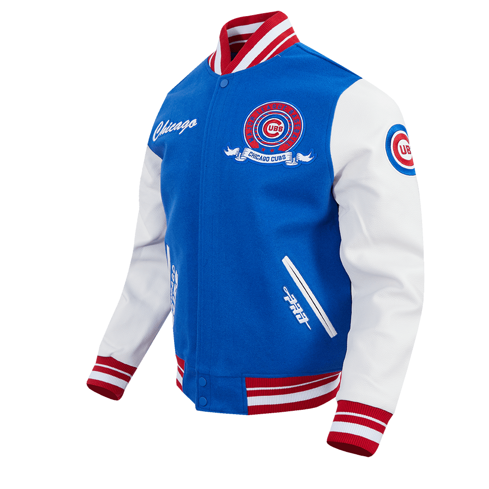 MLB CHICAGO CUBS TEAM BADGE MEN'S RIB WOOL VARSITY JACKET (ROYAL BLUE/RED)
