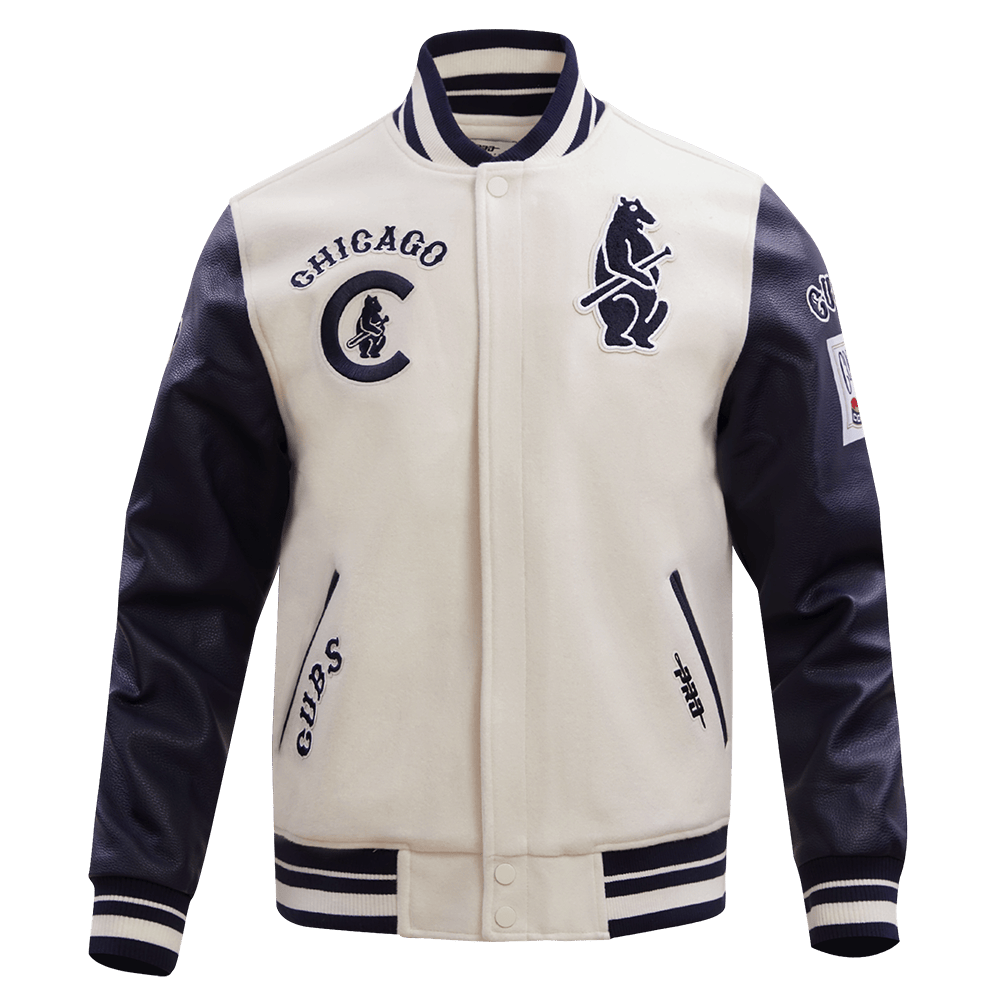 CHAQUETA UNIVERSITARIA DE LANA ACANALADA RETRO CLÁSICA PARA HOMBRE MLB CHICAGO CUBS (BLANCO HUEVO/AZUL MARINO NOCHE)