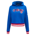 SUDADERA CORTA CON CAPUCHA DE OBLIGATORIO ACOSTUMBRAR PARA MUJER MLB CHICAGO CUBS CITY RANSOM EN PUNTO CANELÉ Y FELPA (AZUL REAL/ROJO)