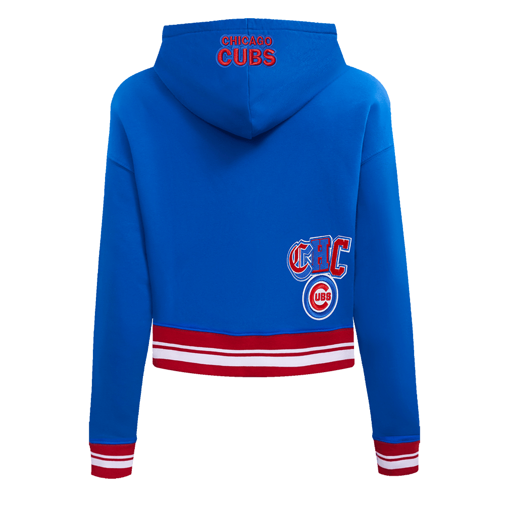 SUDADERA CORTA CON CAPUCHA DE OBLIGATORIO ACOSTUMBRAR PARA MUJER MLB CHICAGO CUBS CITY RANSOM EN PUNTO CANELÉ Y FELPA (AZUL REAL/ROJO)