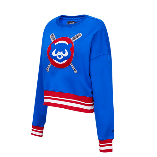 SUÉTER DE PUNTO CANELÉ CON CUELLO REDONDO MASHUP PARA MUJER MLB CHICAGO CUBS (AZUL REAL/ROJO)