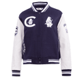 CHAQUETA UNIVERSITARIA RETRO CLÁSICA DE LANA ACANALADA PARA MUJER MLB CHICAGO CUBS (AZUL MARINO MIDNIGHT/BLANCO)