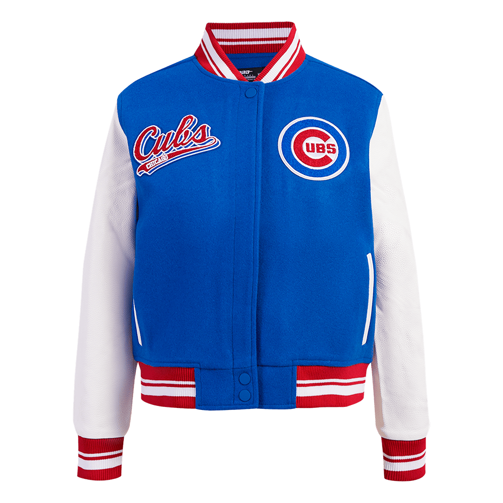 CHAQUETA UNIVERSITARIA DE LANA PARA MUJER MLB CHICAGO CUBS SCRIPT TAIL (AZUL REAL/ROJO)
