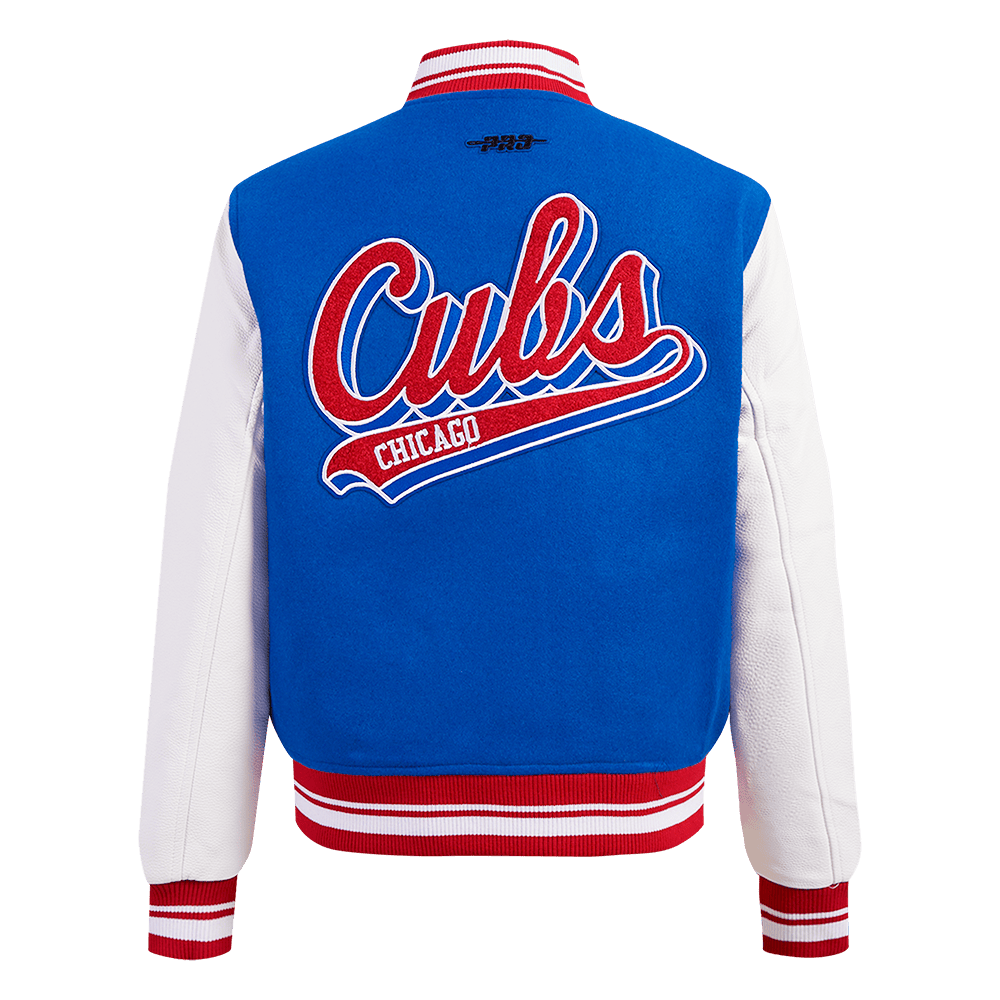 CHAQUETA UNIVERSITARIA DE LANA PARA MUJER MLB CHICAGO CUBS SCRIPT TAIL (AZUL REAL/ROJO)