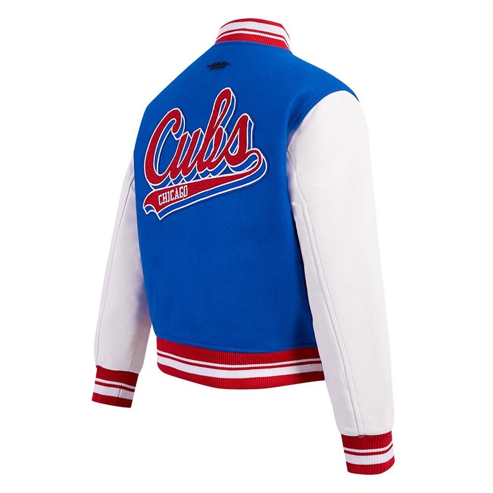 CHAQUETA UNIVERSITARIA DE LANA PARA MUJER MLB CHICAGO CUBS SCRIPT TAIL (AZUL REAL/ROJO)