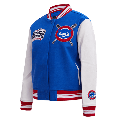 CHAQUETA UNIVERSITARIA DE LANA MASHUP MLB CHICAGO CUBS PARA MUJER (AZUL REAL/ROJO)