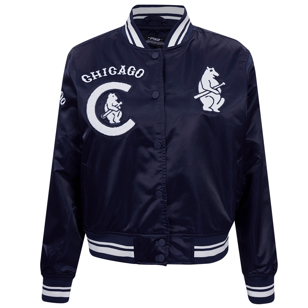 CHAQUETA DE SATÉN ACANALADA RETRO CLÁSICA PARA MUJER MLB CHICAGO CUBS (AZUL MARINO NOCHE)