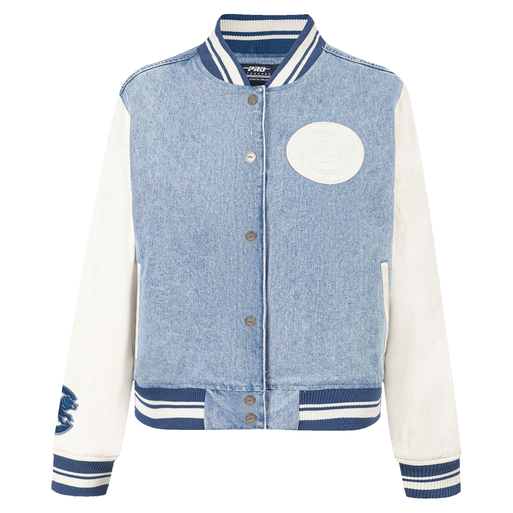 MLB CHICAGO CUBS VARSITY BLUES WOMEN'S DENIM VARSITY JACKET (DENIM/LINEN)