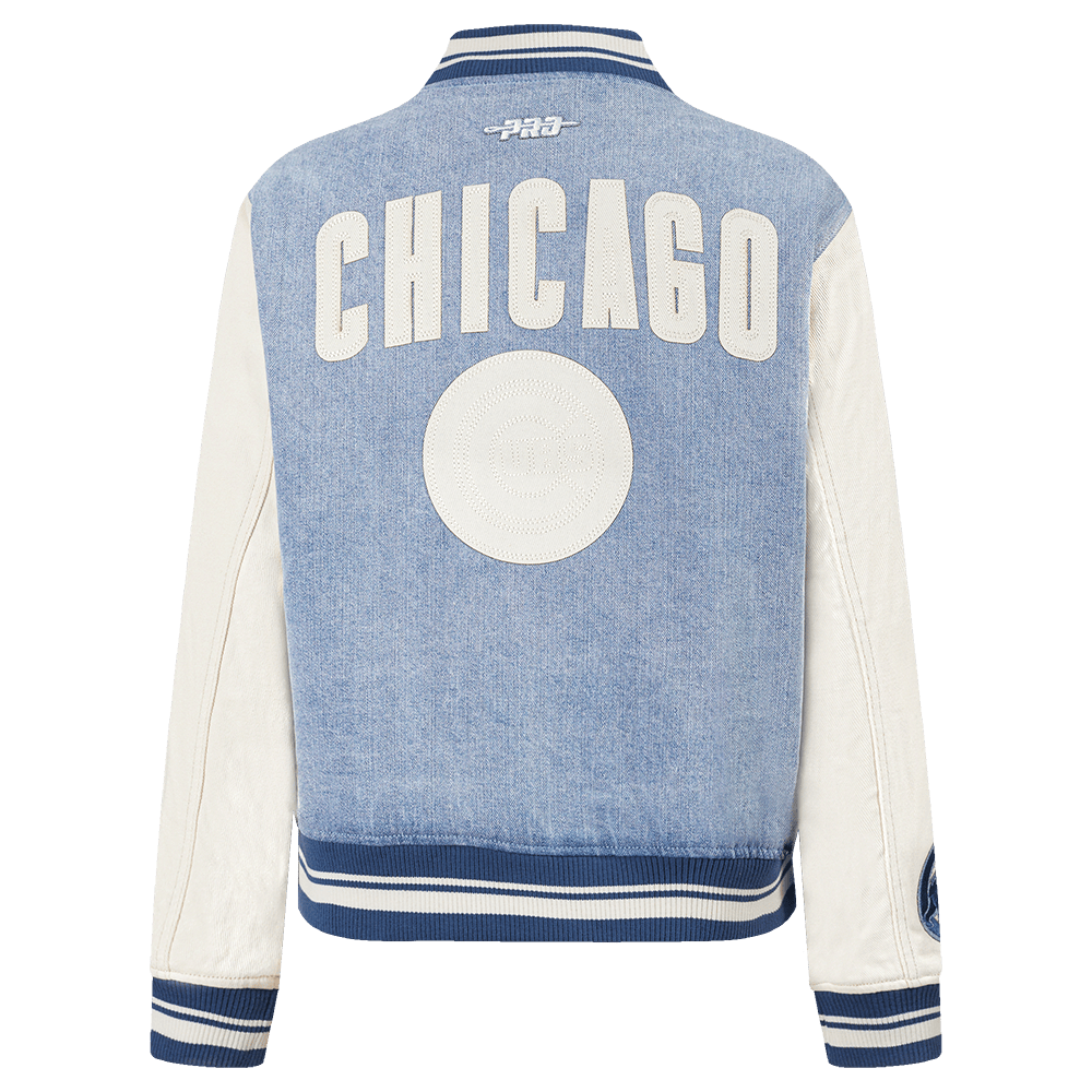 MLB CHICAGO CUBS VARSITY BLUES WOMEN'S DENIM VARSITY JACKET (DENIM/LINEN)