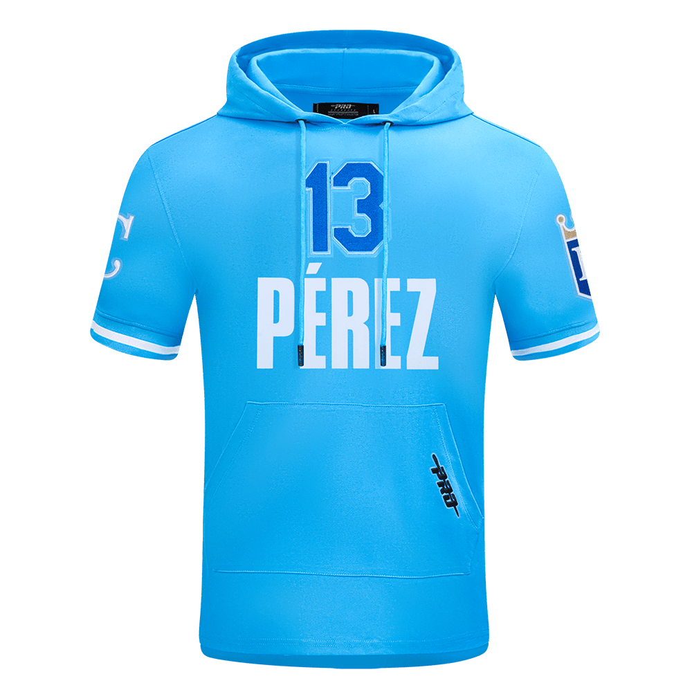 MLB KANSAS CITY ROYALS SALVADOR PEREZ #13 SUDADERA CLÁSICA DE HOMBRE DE MANGA CORTA CON CAPUCHA (AZUL UNIVERSITARIO)