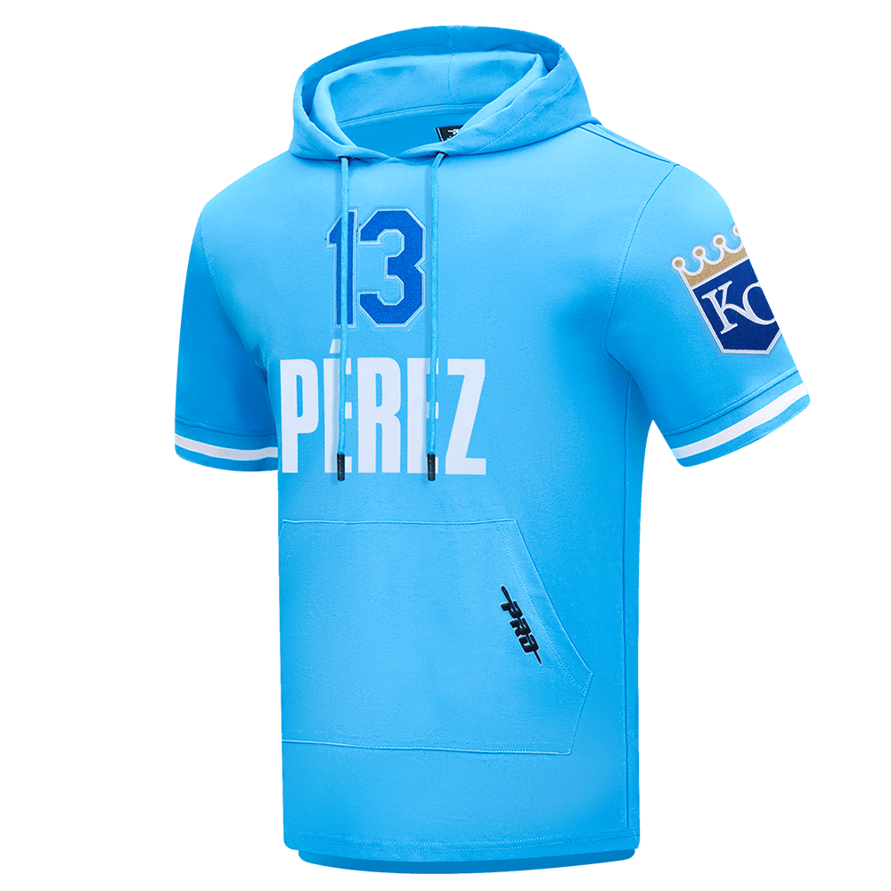 MLB KANSAS CITY ROYALS SALVADOR PEREZ #13 SUDADERA CLÁSICA DE HOMBRE DE MANGA CORTA CON CAPUCHA (AZUL UNIVERSITARIO)