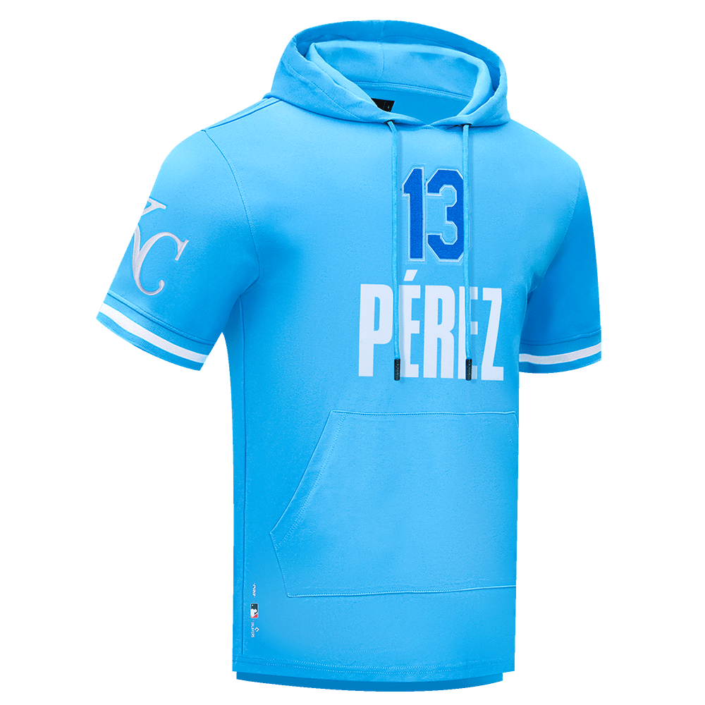 MLB KANSAS CITY ROYALS SALVADOR PEREZ #13 SUDADERA CLÁSICA DE HOMBRE DE MANGA CORTA CON CAPUCHA (AZUL UNIVERSITARIO)