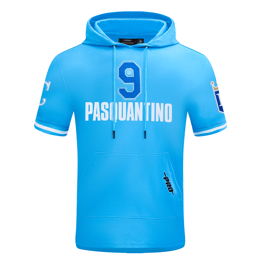 MLB KANSAS CITY ROYALS VINNIE PASQUANTINO #9 CLASSIC MEN'S SHORT SLEEVE PULLOVER HOODIE (UNIVERSITY BLUE)