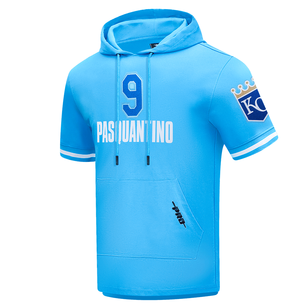 MLB KANSAS CITY ROYALS VINNIE PASQUANTINO #9 CLASSIC MEN'S SHORT SLEEVE PULLOVER HOODIE (UNIVERSITY BLUE)