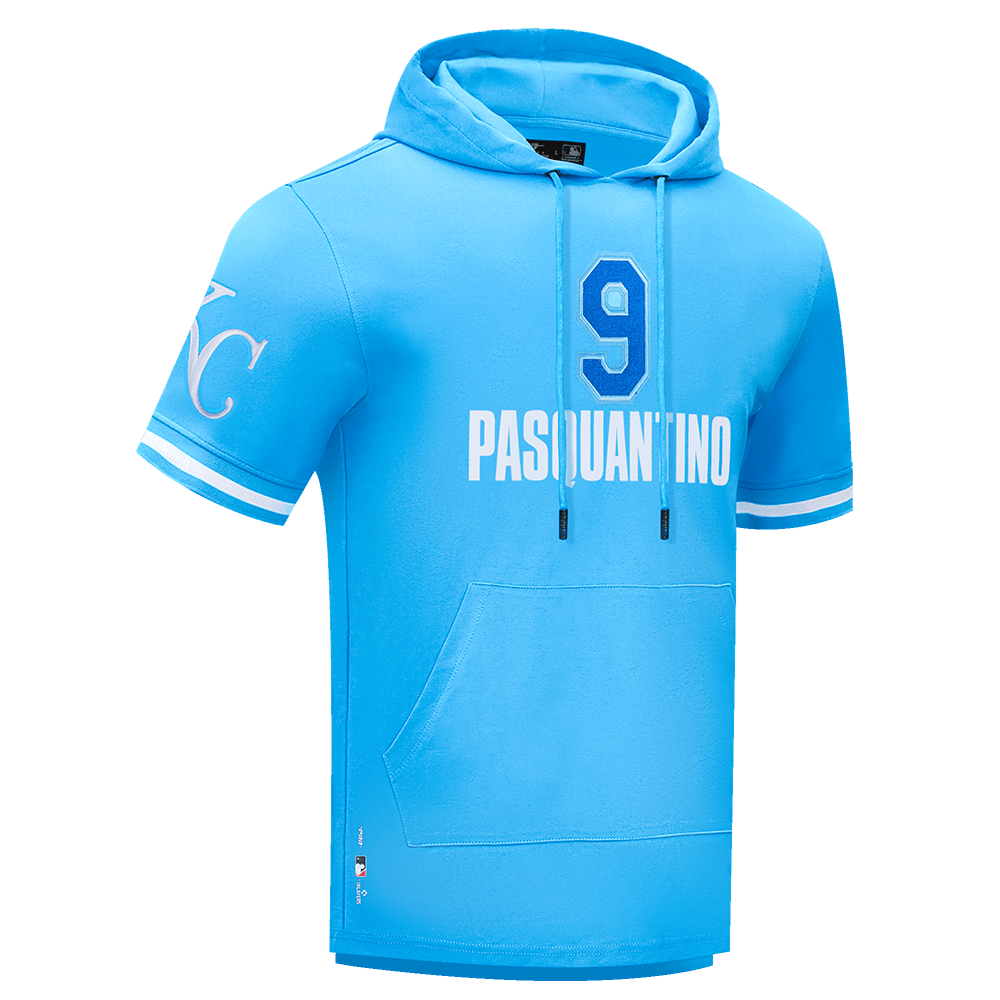 MLB KANSAS CITY ROYALS VINNIE PASQUANTINO #9 CLASSIC MEN'S SHORT SLEEVE PULLOVER HOODIE (UNIVERSITY BLUE)