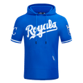 MLB KANSAS CITY ROYALS CLASSIC CHENILLE MEN'S DOUBLE KNIT SHORT SLEEVE PULLOVER HOODIE (ROYAL BLUE)