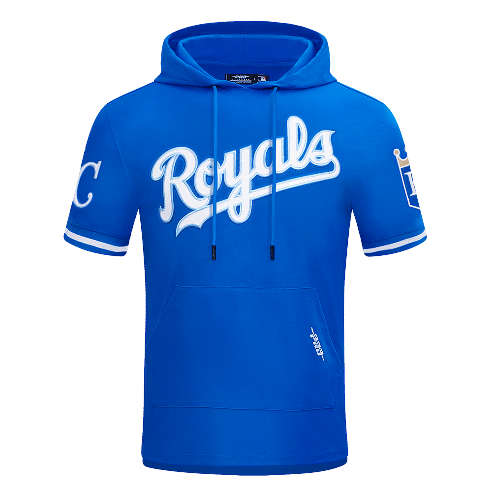 MLB KANSAS CITY ROYALS CLASSIC CHENILLE MEN'S DOUBLE KNIT SHORT SLEEVE PULLOVER HOODIE (ROYAL BLUE)