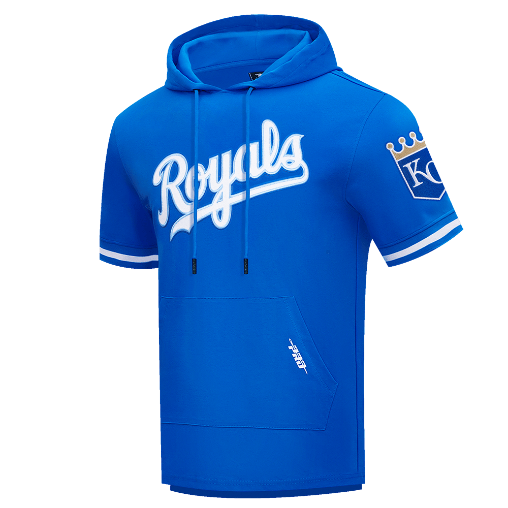 MLB KANSAS CITY ROYALS CLASSIC CHENILLE MEN'S DOUBLE KNIT SHORT SLEEVE PULLOVER HOODIE (ROYAL BLUE)