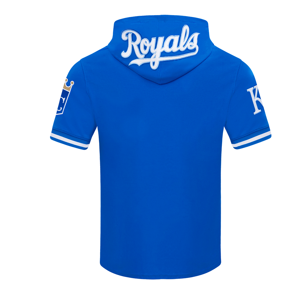 MLB KANSAS CITY ROYALS CLASSIC CHENILLE MEN'S DOUBLE KNIT SHORT SLEEVE PULLOVER HOODIE (ROYAL BLUE)