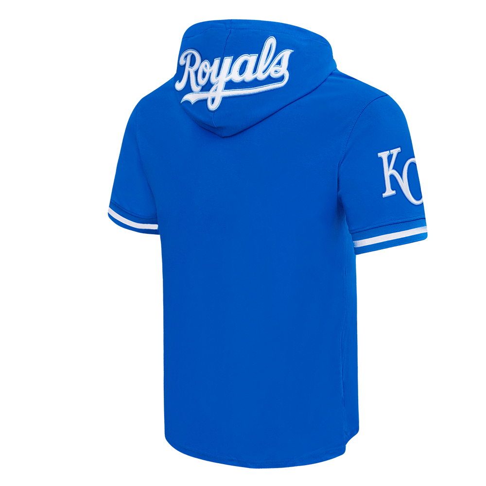 MLB KANSAS CITY ROYALS CLASSIC CHENILLE MEN'S DOUBLE KNIT SHORT SLEEVE PULLOVER HOODIE (ROYAL BLUE)