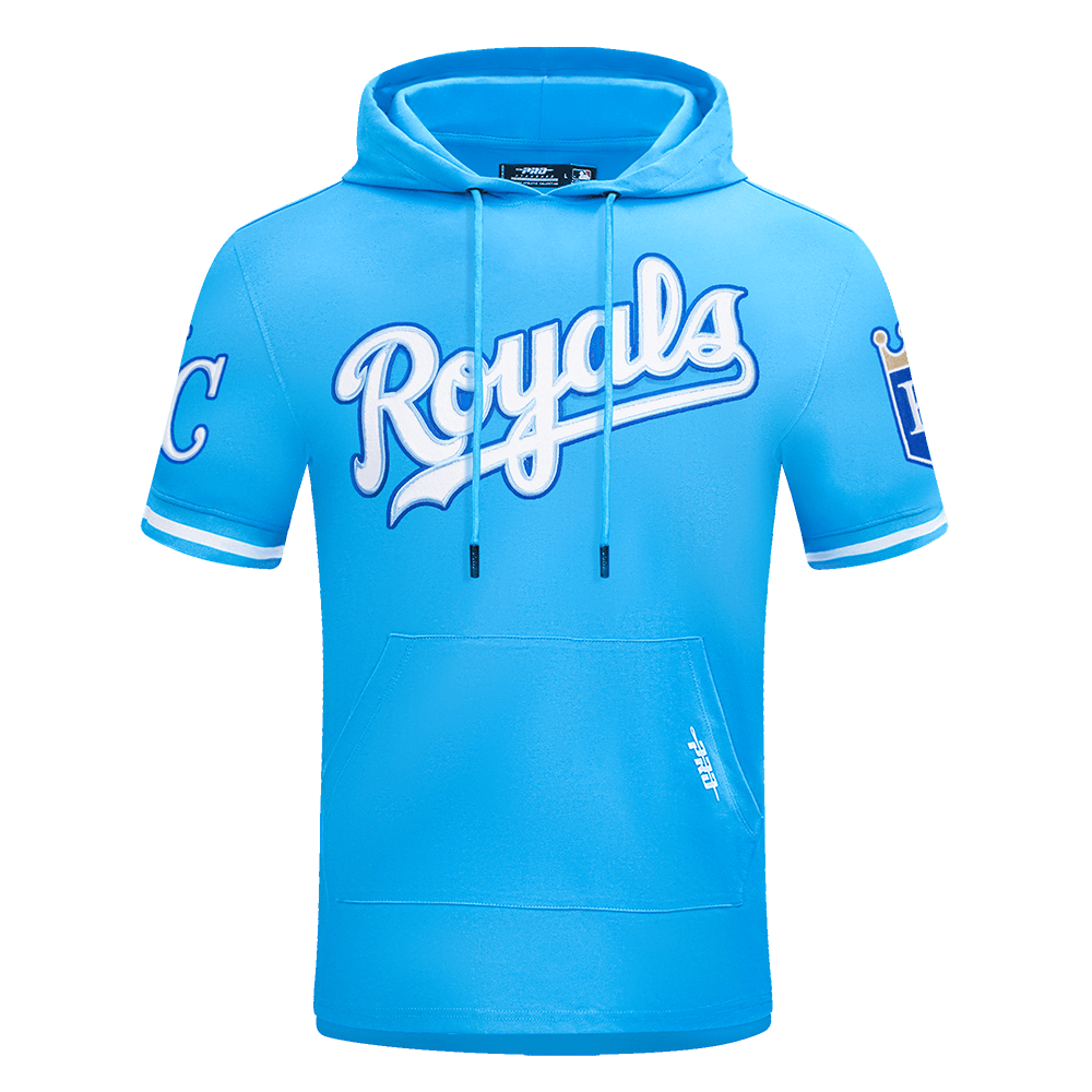 MLB KANSAS CITY ROYALS CLASSIC CHENILLE MEN'S DOUBLE KNIT SHORT SLEEVE PULLOVER HOODIE (UNIVERSITY BLUE)