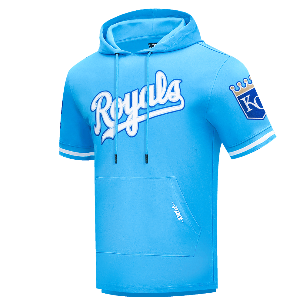 MLB KANSAS CITY ROYALS CLASSIC CHENILLE MEN'S DOUBLE KNIT SHORT SLEEVE PULLOVER HOODIE (UNIVERSITY BLUE)