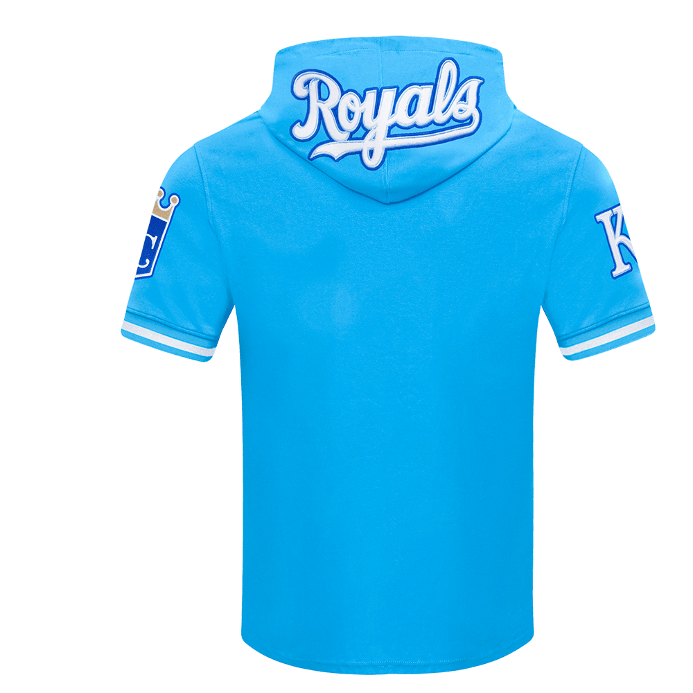 MLB KANSAS CITY ROYALS CLASSIC CHENILLE MEN'S DOUBLE KNIT SHORT SLEEVE PULLOVER HOODIE (UNIVERSITY BLUE)