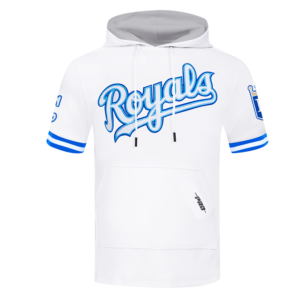 MLB KANSAS CITY ROYALS CLASSIC CHENILLE MEN'S DOUBLE KNIT SHORT SLEEVE PULLOVER HOODIE (WHITE/ROYAL BLUE)