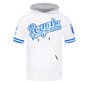 MLB KANSAS CITY ROYALS CLASSIC CHENILLE MEN'S DOUBLE KNIT SHORT SLEEVE PULLOVER HOODIE (WHITE/ROYAL BLUE)